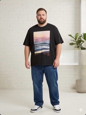 F&F Pastel Sunset Wave Graphic T-Shirt Black Minimalist Surf Streetwear Tee 3xl